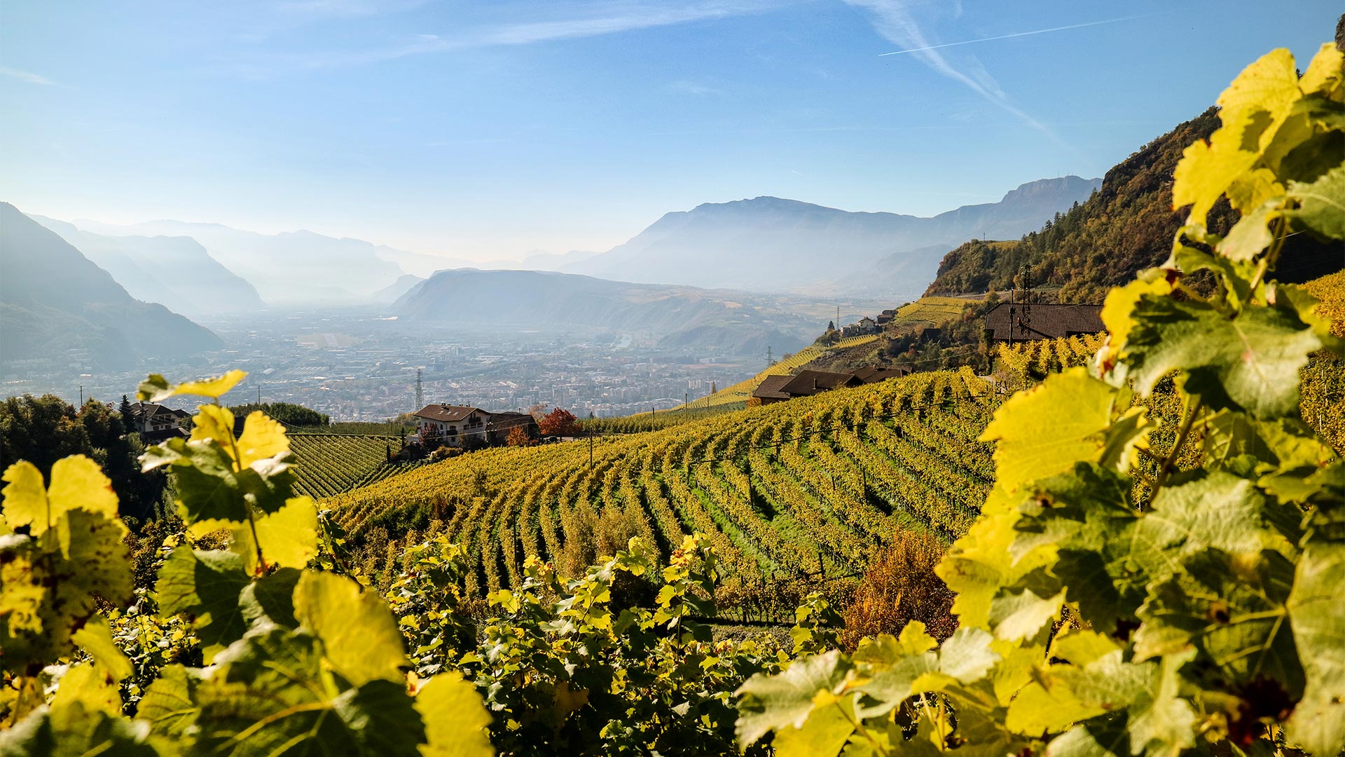 Panoramablick auf Bozen an einem Herbsttag von einem Hochpunkt des Rafensteinweges auf dem Weg nach Jenesien.