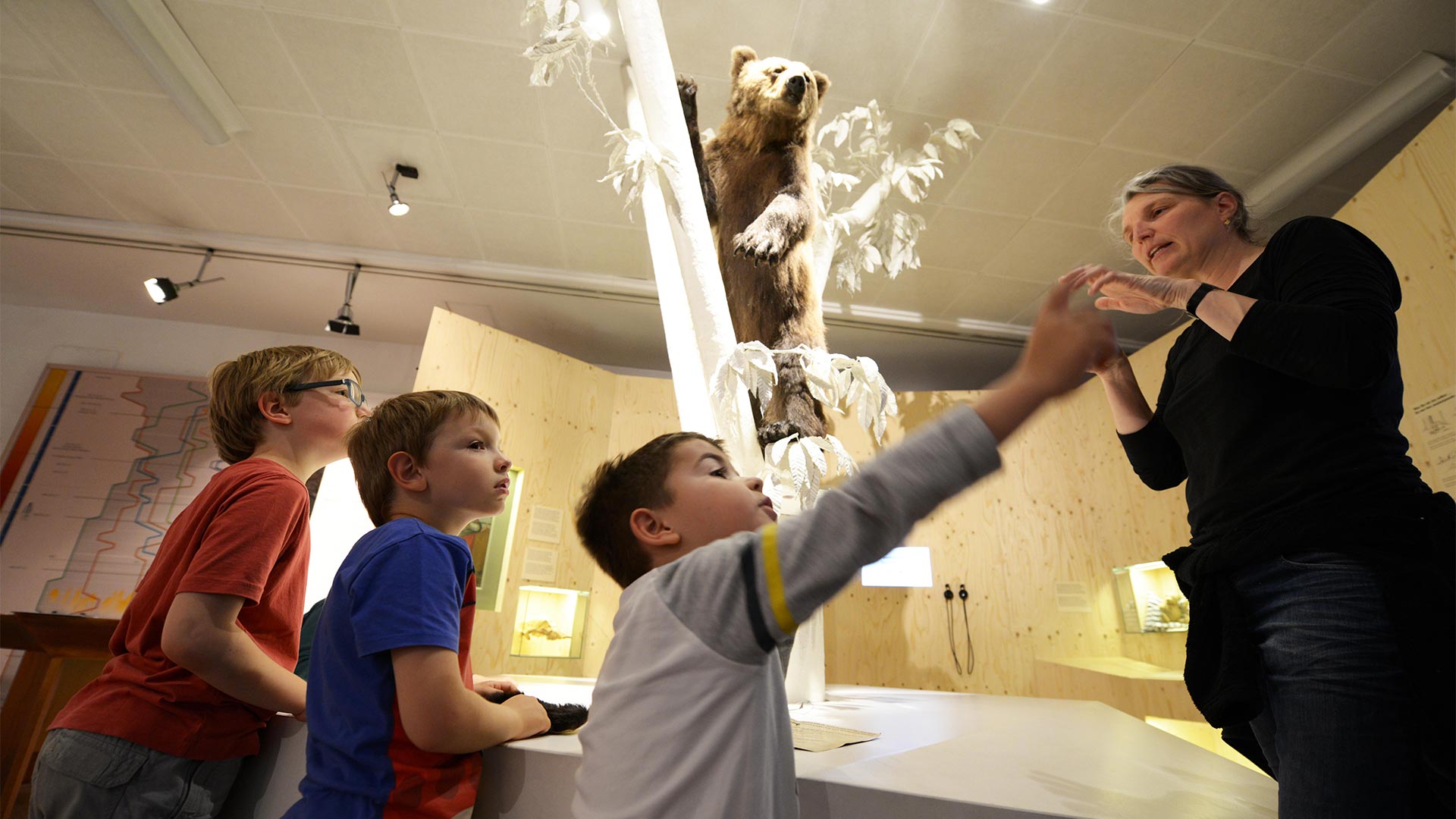 Ein schwarz gekleideter Lehrer zeigt drei blonden Kindern, was es im Naturmuseum zu sehen gibt.