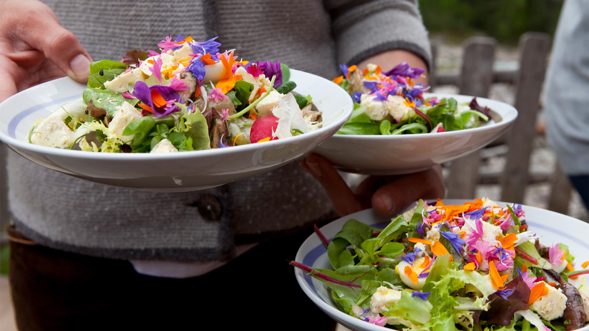 Tre piatti a base di verdure tipici della gastronomia bolzanina stanno per essere serviti al tavolo da un cameriere.